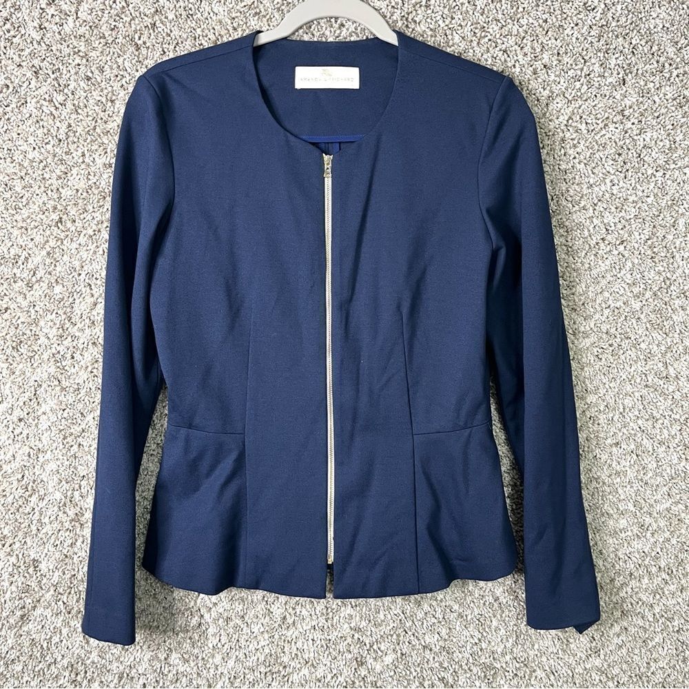 Amanda Uprichard Jacket Women’s Large‎ Navy Blue Zip Up Peplum Blazer
